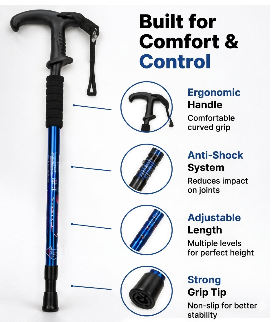 Adjustable Anti-Shock Walking Stick with Handle Grip – Telescopic Hiking & Support Cane