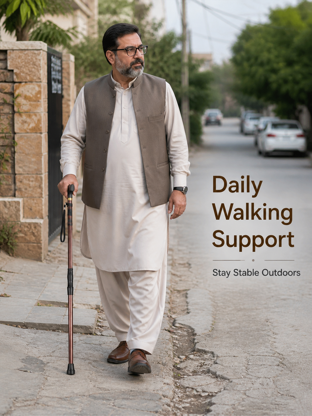 Adjustable Walking Support Cane with Strap (Heavy-Duty Stability Stick)