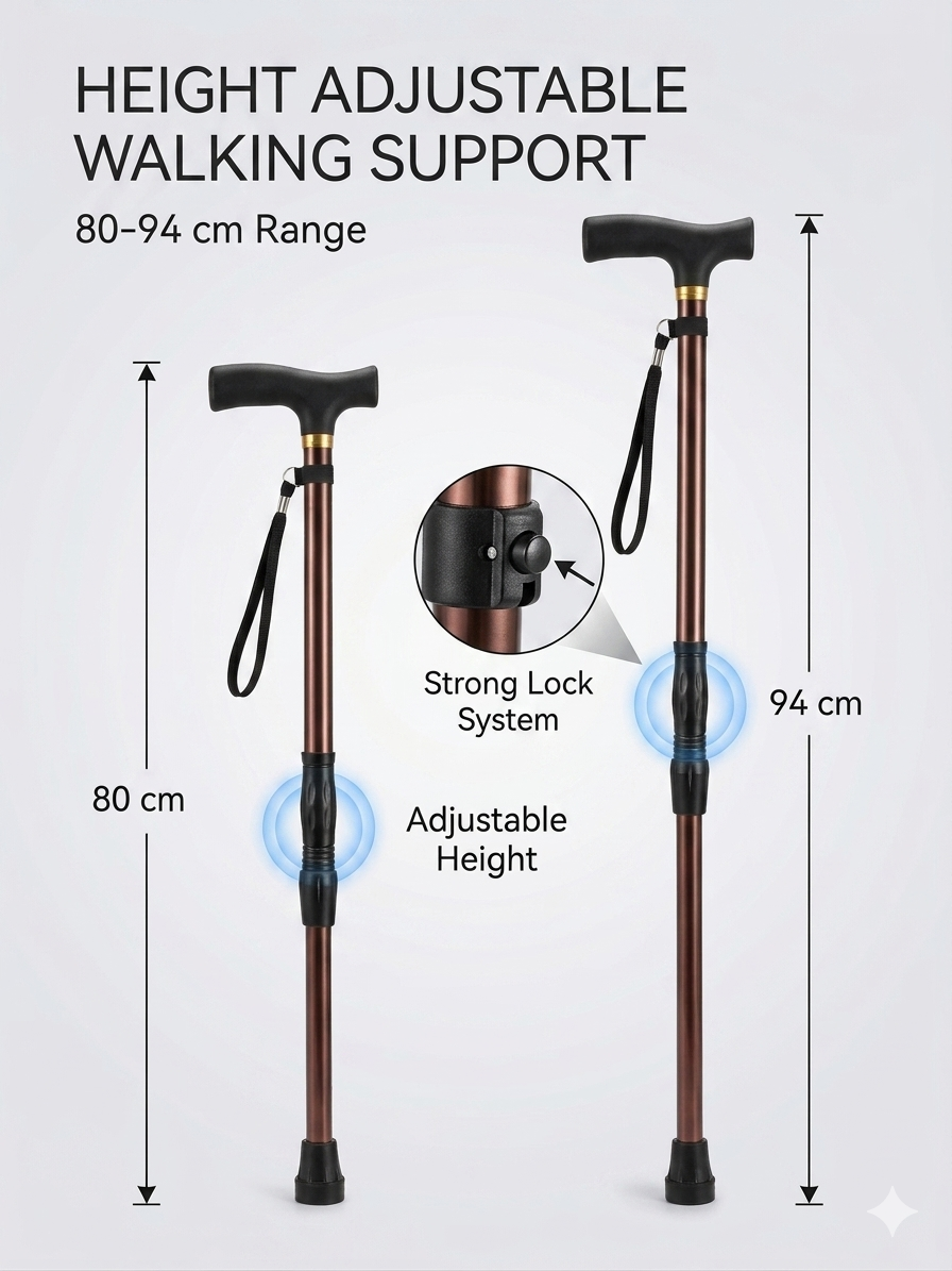 Adjustable Walking Support Cane with Strap (Heavy-Duty Stability Stick)