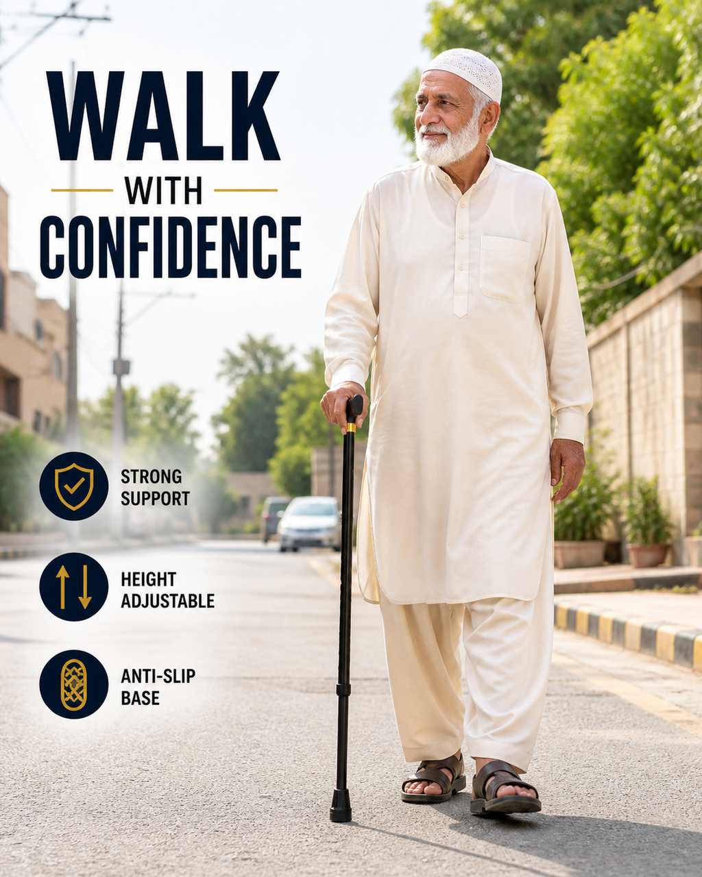 Aluminium Adjustable Walking Cane with Comfort Grip for Hikers, Patients, Elderly