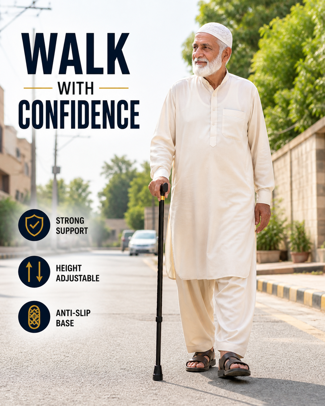Aluminium Adjustable Walking Cane with Comfort Grip for Hikers, Patients, Elderly