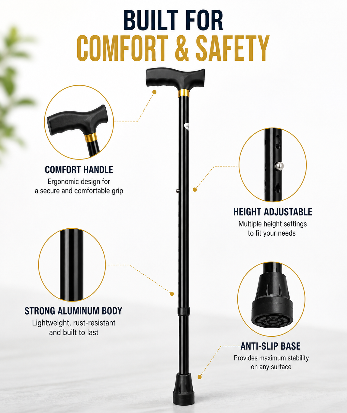 Aluminium Adjustable Walking Cane with Comfort Grip for Hikers, Patients, Elderly