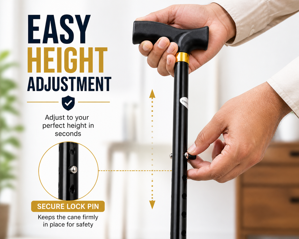 Aluminium Adjustable Walking Cane with Comfort Grip for Hikers, Patients, Elderly