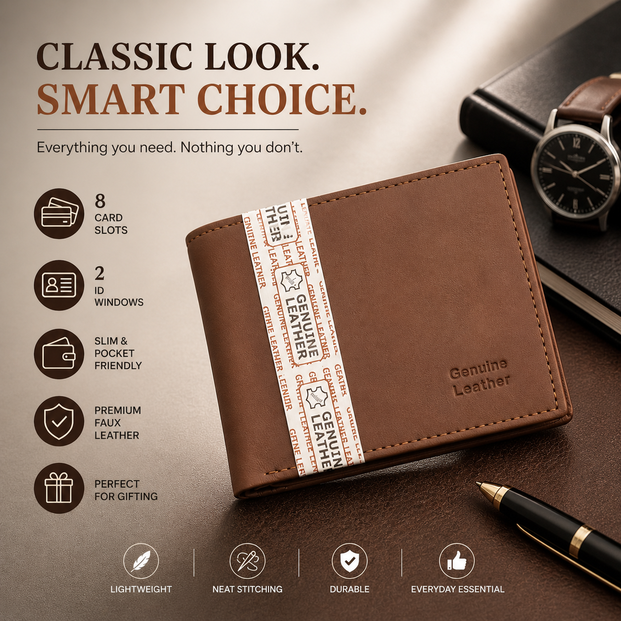 Men’s Faux Leather Bifold Wallet with ID Windows