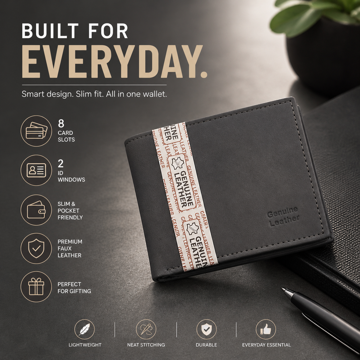Men’s Faux Leather Bifold Wallet with ID Windows