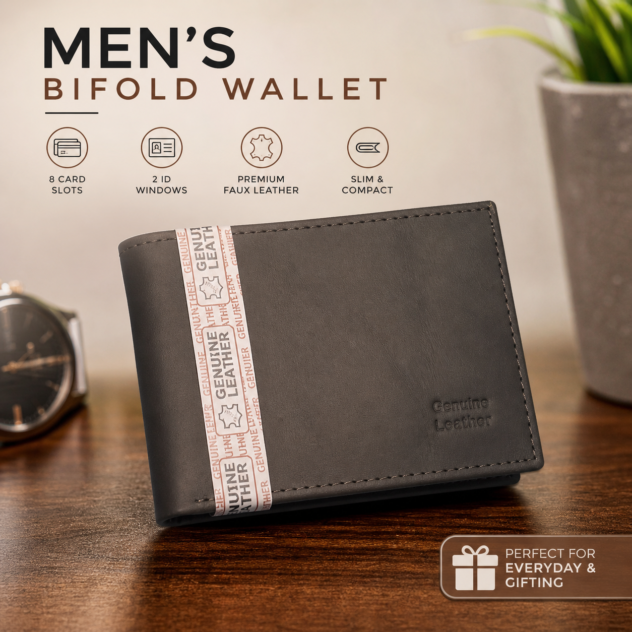 Men’s Faux Leather Bifold Wallet with ID Windows