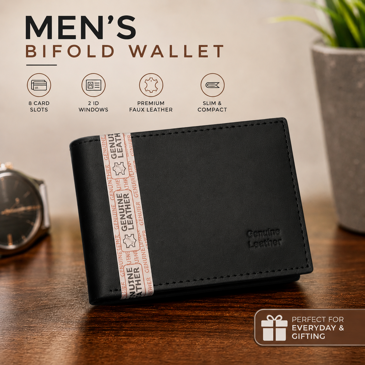 Men’s Faux Leather Bifold Wallet with ID Windows