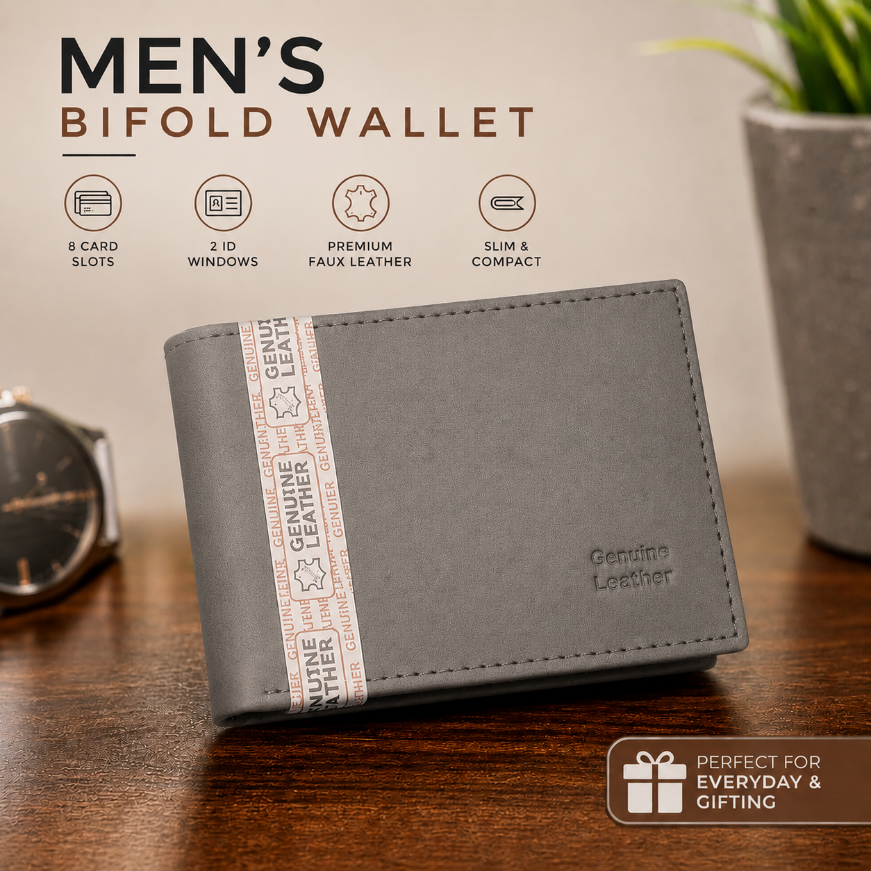 Men’s Faux Leather Bifold Wallet with ID Windows