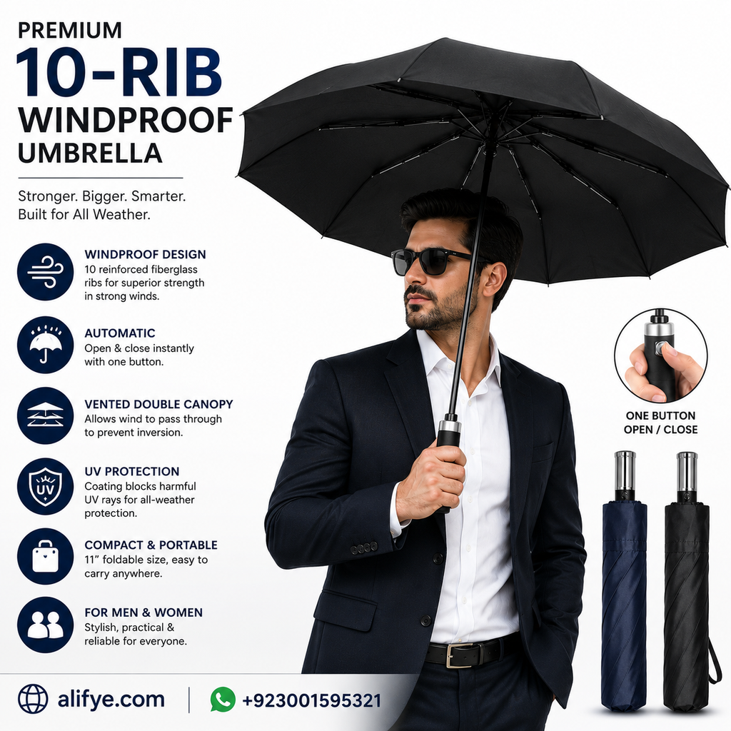 Premium 10-Rib Windproof Automatic Folding Umbrella – Compact Travel Umbrella