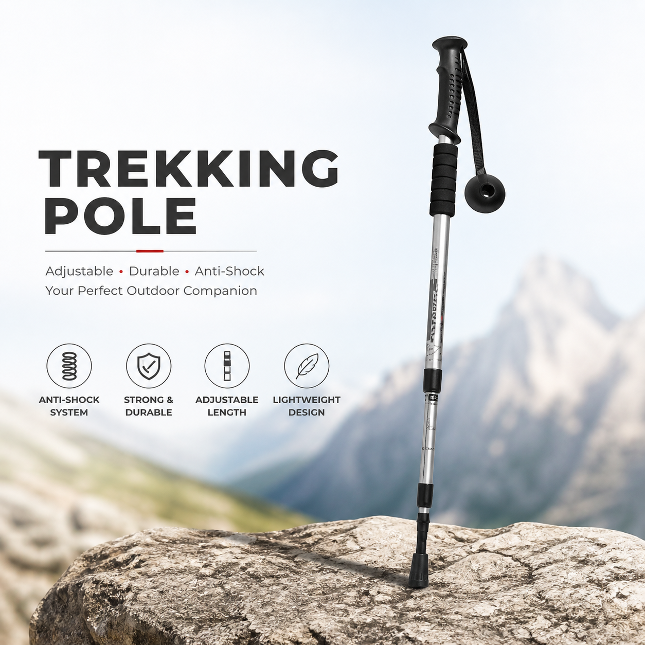 Trekking Pole -  Walking Stick (Adjustable, Anti-Shock, Telescopic) - 4-Section Aluminum Alloy