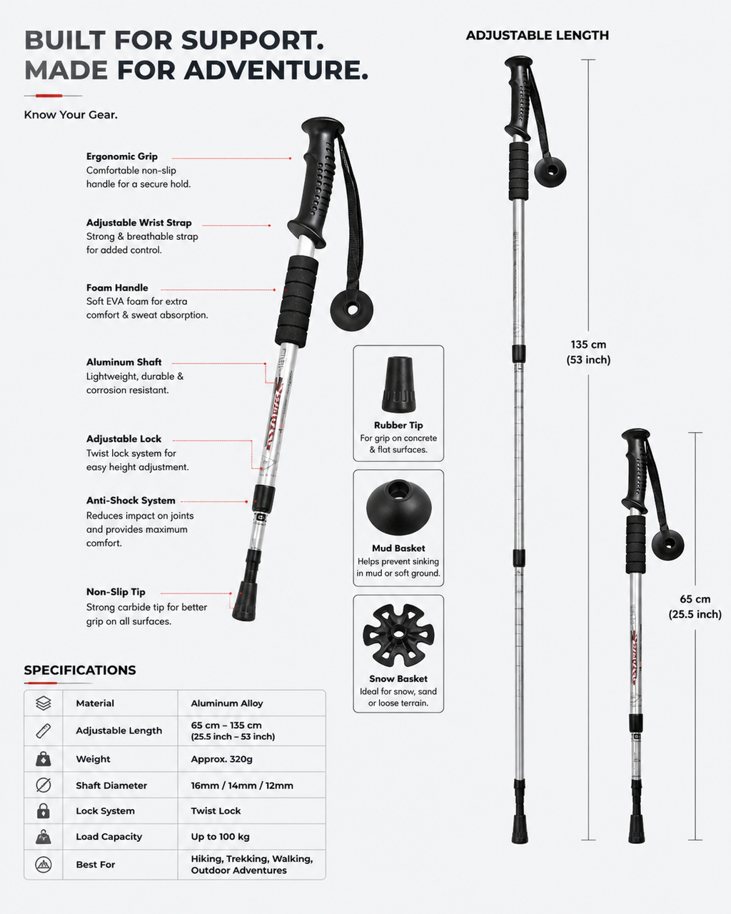 Trekking Pole -  Walking Stick (Adjustable, Anti-Shock, Telescopic) - 4-Section Aluminum Alloy