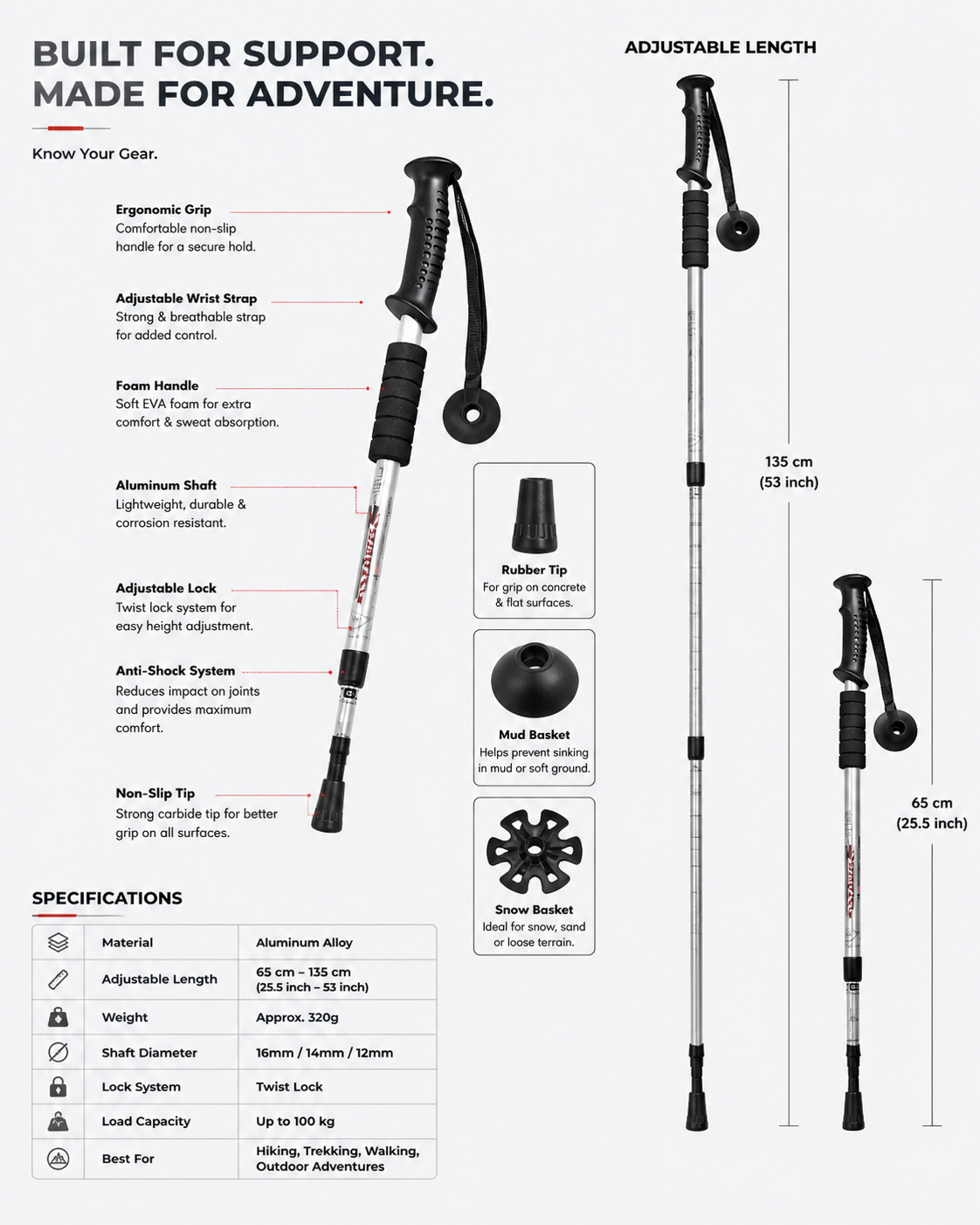 Trekking Pole -  Walking Stick (Adjustable, Anti-Shock, Telescopic) - 4-Section Aluminum Alloy