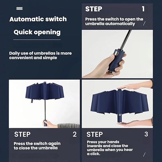 LED Automatic Folding Umbrella with Flashlight – Windproof UV Protection Travel Umbrella (10-Rib Strong Frame)