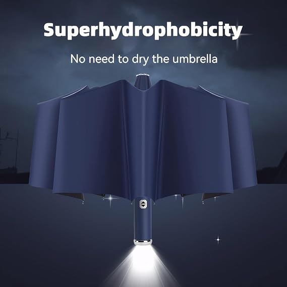 LED Automatic Folding Umbrella with Flashlight – Windproof UV Protection Travel Umbrella (10-Rib Strong Frame)