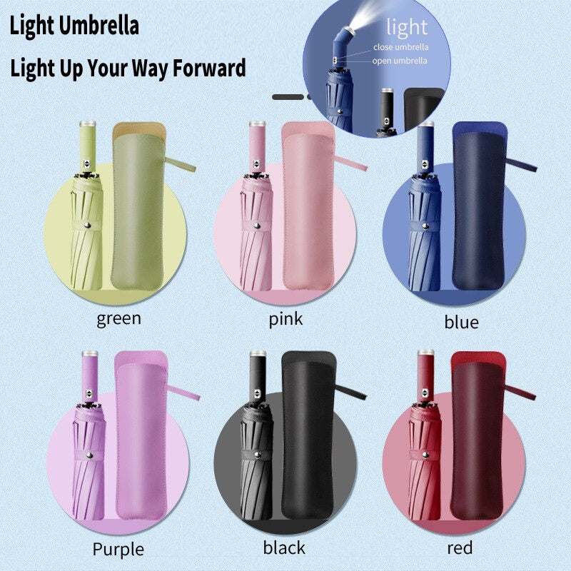 LED Automatic Folding Umbrella with Flashlight – Windproof UV Protection Travel Umbrella (10-Rib Strong Frame)