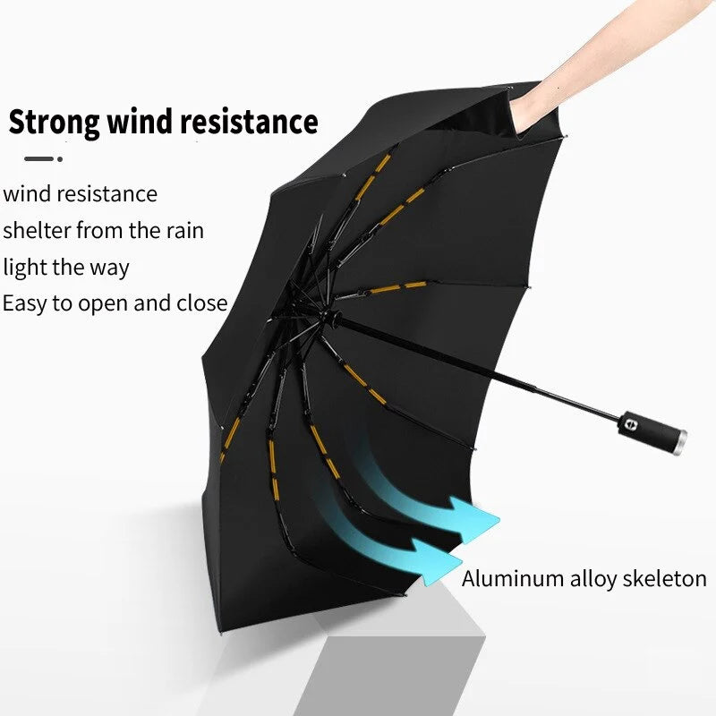 LED Automatic Folding Umbrella with Flashlight – Windproof UV Protection Travel Umbrella (10-Rib Strong Frame)
