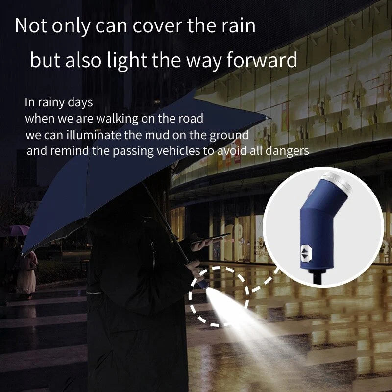 LED Automatic Folding Umbrella with Flashlight – Windproof UV Protection Travel Umbrella (10-Rib Strong Frame)