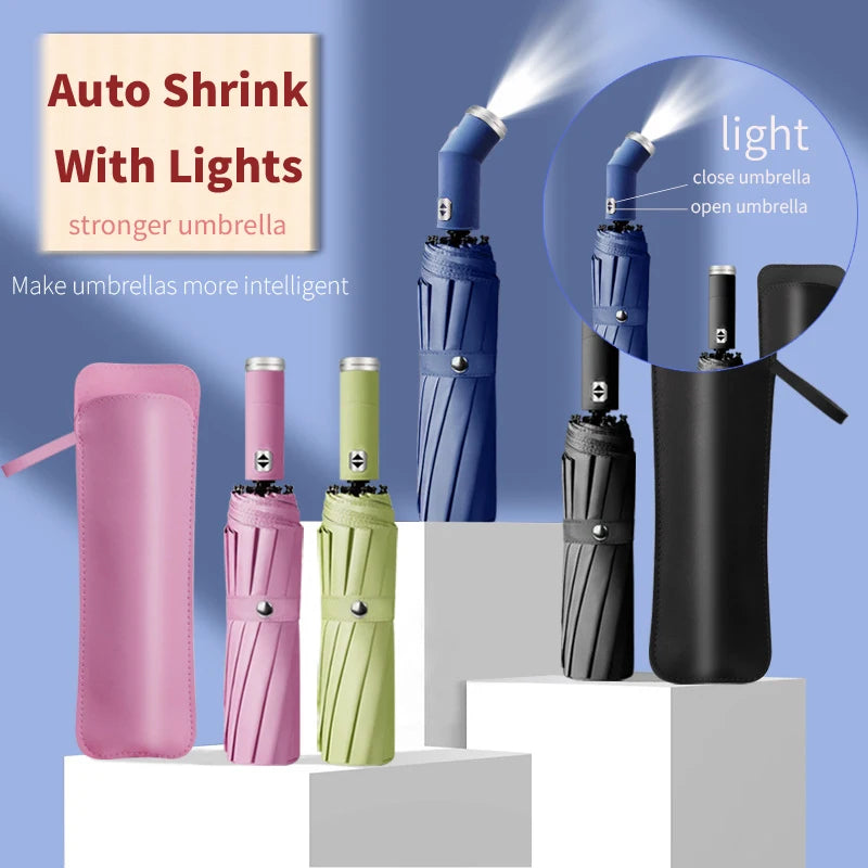 LED Automatic Folding Umbrella with Flashlight – Windproof UV Protection Travel Umbrella (10-Rib Strong Frame)