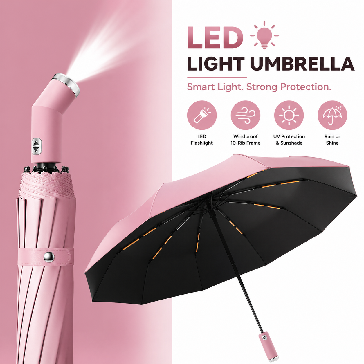 LED Automatic Folding Umbrella with Flashlight – Windproof UV Protection Travel Umbrella (10-Rib Strong Frame)