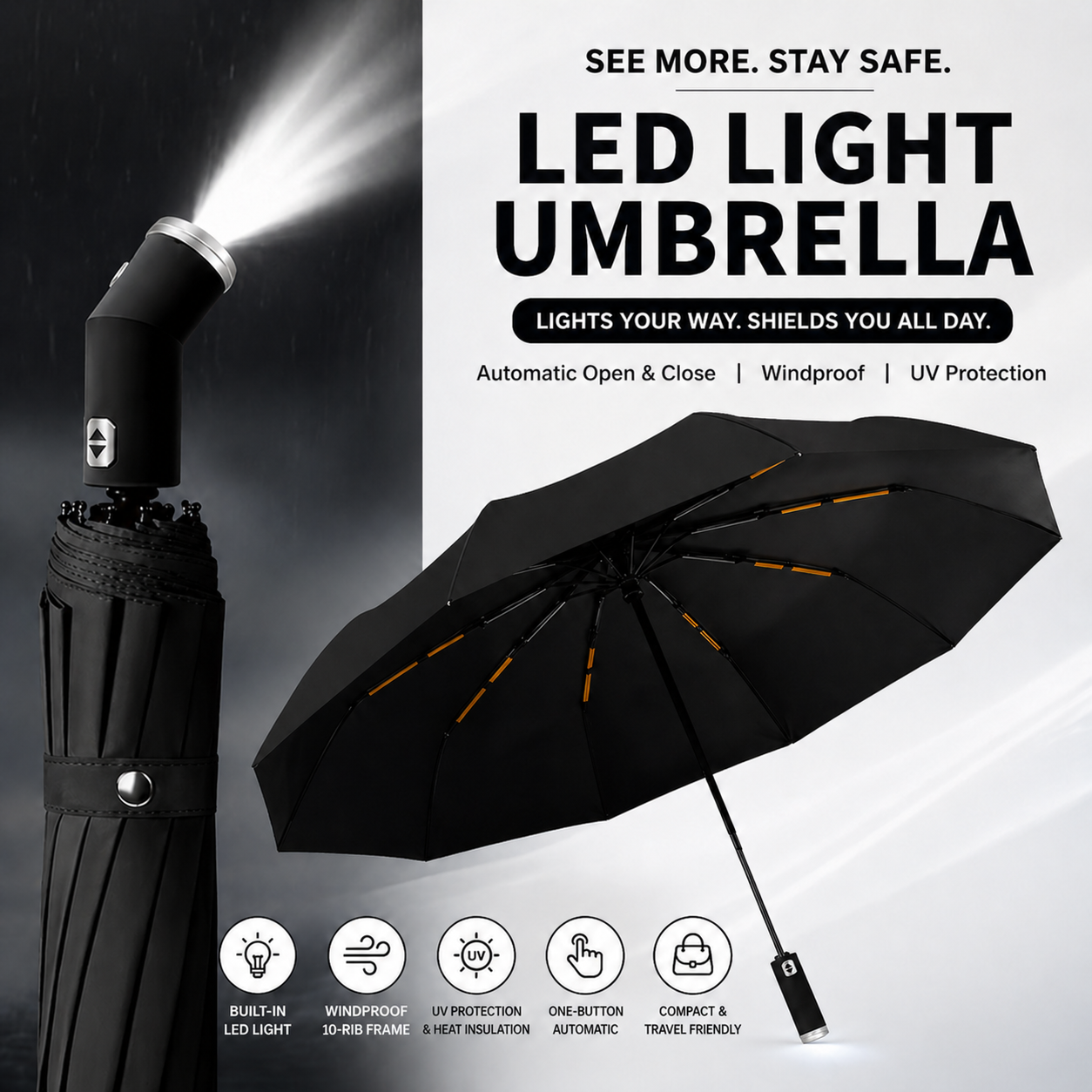 LED Automatic Folding Umbrella with Flashlight – Windproof UV Protection Travel Umbrella (10-Rib Strong Frame)
