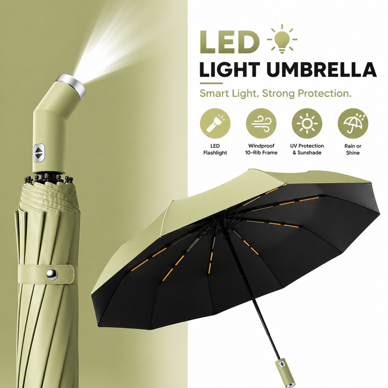 LED Automatic Folding Umbrella with Flashlight – Windproof UV Protection Travel Umbrella (10-Rib Strong Frame)