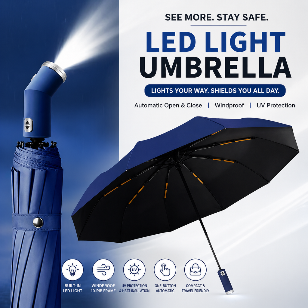 LED Automatic Folding Umbrella with Flashlight – Windproof UV Protection Travel Umbrella (10-Rib Strong Frame)