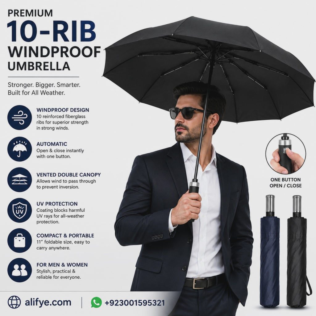 Premium 10-Rib Windproof Automatic Folding Umbrella – Compact Travel Umbrella