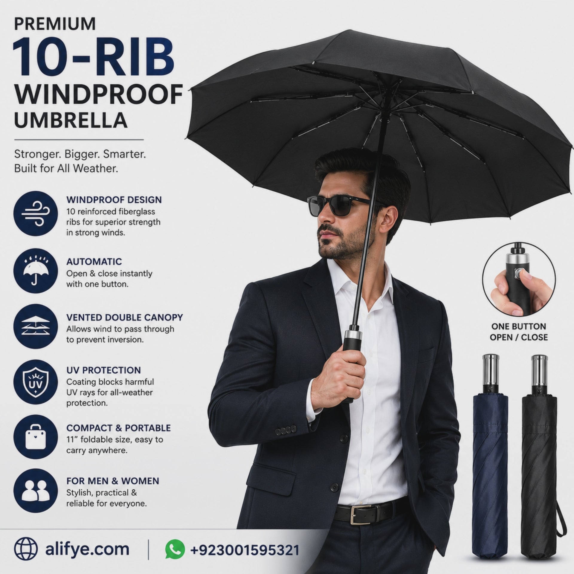 Premium 10-Rib Windproof Automatic Folding Umbrella – Compact Travel Umbrella